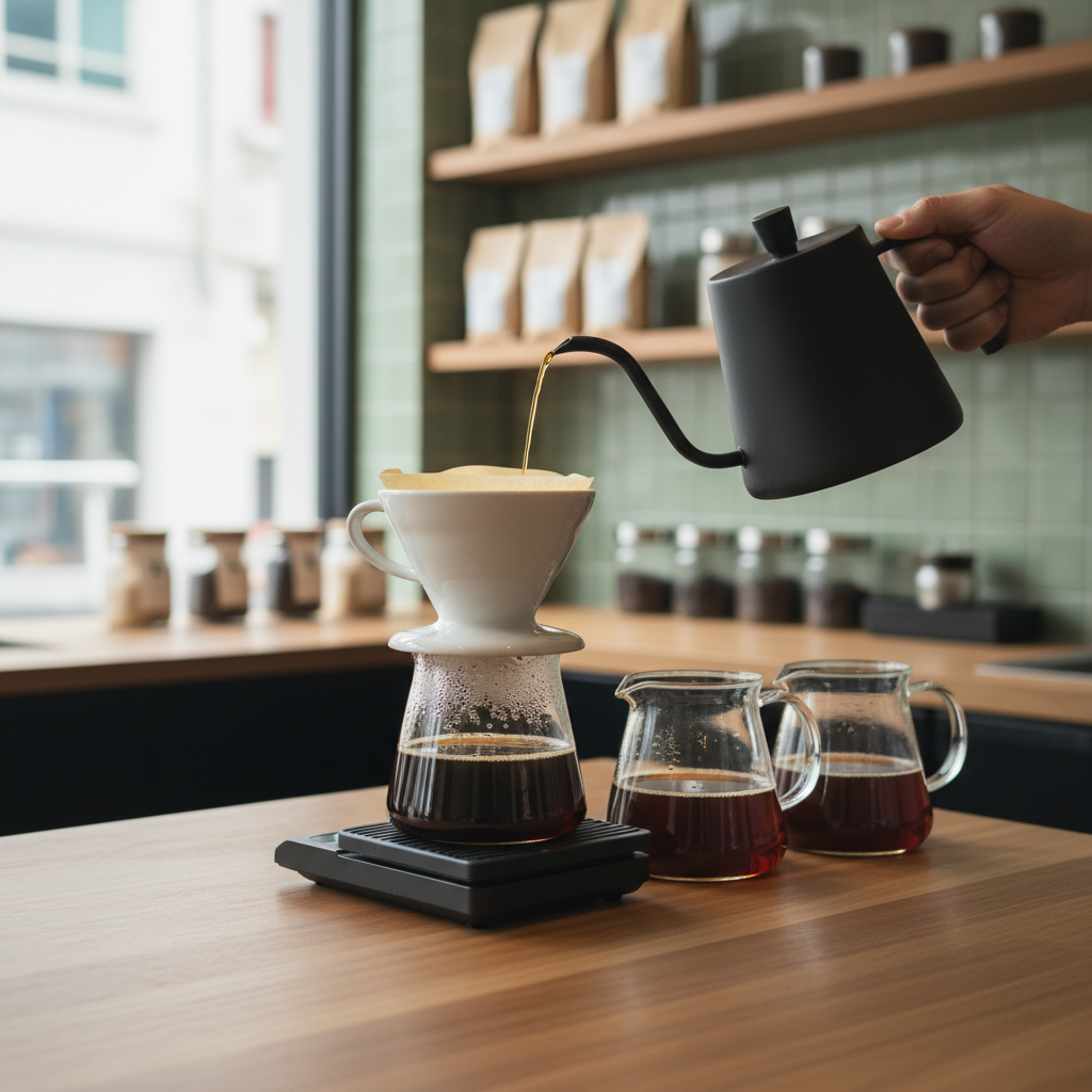 A pristine wooden counter inside a Seoul specialty coffee shop, photographed in clean, professional realism. A glossy, hand-poured V60 setup in white ceramic sits atop a digital scale, mid-pour, with a thin stream of coffee cascading from a matte black gooseneck kettle. Clear glass servers nearby show layers of amber coffee against the light. The counter is accented by subtle grain patterns, while the background reveals blurred shelves of neatly arranged beans, minimal branding, and muted green tiles. Soft, diffused light from large front windows creates even illumination and gentle reflections, casting minimal shadows. The composition uses the rule of thirds with a shallow depth of field, evoking a focused yet relaxed atmosphere ideal for a serious coffee review.
