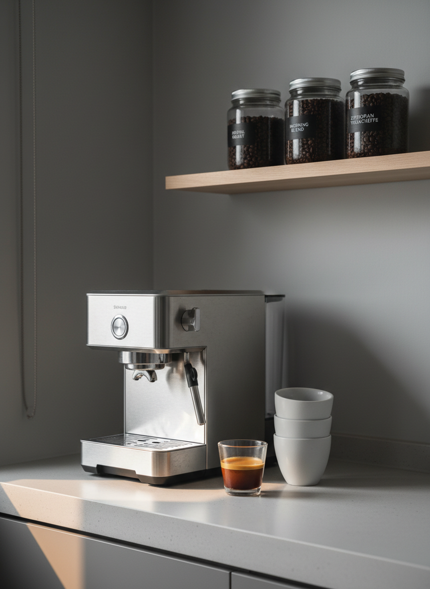 A minimalist coffee corner in a Seoul apartment, featuring a compact stainless steel espresso machine with a brushed finish beside a neatly stacked row of matte white ceramic cups. A single freshly pulled espresso in a low, clear glass sits on a smooth concrete countertop, its dark crema rich and velvety. Behind it, neatly labeled glass jars of locally roasted beans line a slim floating shelf against a cool grey wall. Morning light from an unseen window creates soft highlights on the metal surfaces and a quiet glow in the espresso. Photographic realism at eye level, with balanced composition and a clean, professional mood that suggests a thoughtful, everyday coffee ritual.