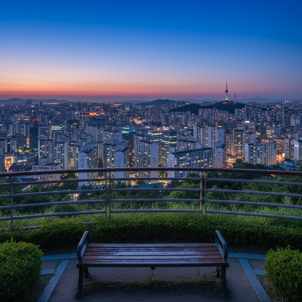 A panoramic view of the Seoul skyline at dusk from the vantage point of a quiet hilltop park. In the foreground, a simple wooden bench faces outward, its surface slightly worn, anchored by low, tidy shrubs and a metal safety railing. Beyond, clusters of high-rise apartments and office towers glow with scattered window lights, while Namsan Seoul Tower stands illuminated against a deepening blue sky. The last traces of sunset cast a faint gradient of warm to cool tones along the horizon. Photographic realism with a wide-angle composition and sharp focus throughout conveys a contemplative, expansive atmosphere of the city winding down, with no people visible.