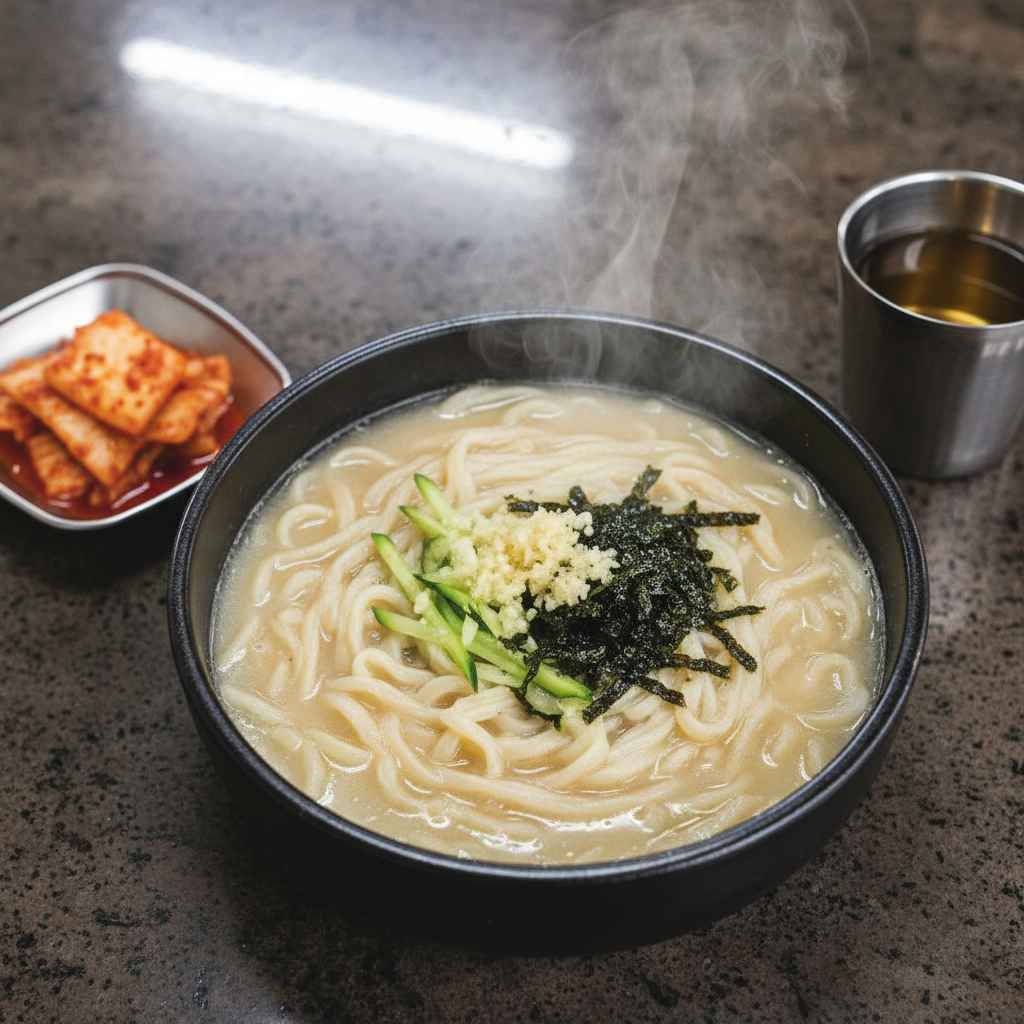 A close-up of a steaming bowl of Seoul-style kalguksu on a dark stone table in a modest neighborhood eatery. The handmade wheat noodles appear slightly irregular and silky, submerged in a pale, gently clouded broth with tiny droplets of oil catching the light. Thinly sliced zucchini, minced garlic, and a small mound of shredded seaweed float on top, adding color and texture. To the side, a metal dish of vibrant red kimchi and a small stainless cup of barley tea rest on the table. Overhead fluorescent lighting creates soft, even illumination with mild reflections on the metal surfaces. Photographic realism from an overhead, slightly offset angle emphasizes the humble, comforting mood of everyday Seoul dining.